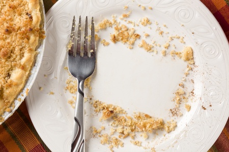 Overhead Abstract of Pie, Empty Plate with Remaining Crumbs Cleared Into Rectangular Copy Room Space and Fork - Ready for Your Own Message.の写真素材