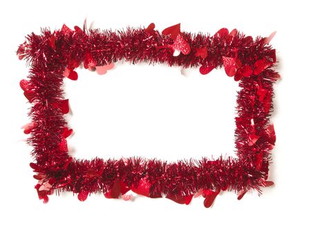Red Tinsel with Hearts Border Frame Shape on a White Background Ready For Your Own Message.の写真素材