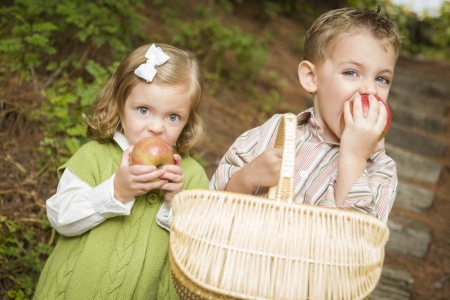 Two Adorable Children Eating Delicious Red Apples Outside.の写真素材