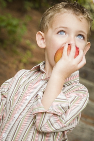 Adorable Child Boy Eating a Delicious Red Apple Outside.の写真素材