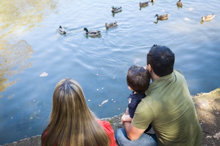Mixed Race Mother and Father with Son at the Park Duck Pond.の写真素材