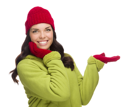 Beautiful Mixed Race Woman Wearing Winter Hat and Glovesの写真素材