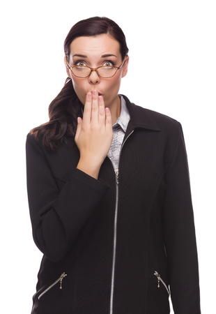 Surprised Mixed Race Businesswoman Puts Hand Over Her Lips Isolated on White Background.
の写真素材
