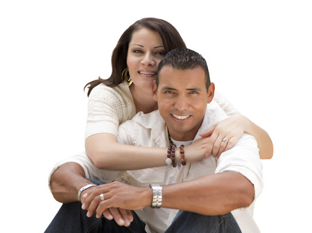 Happy Young Attractive Hispanic Couple Isolated on a White Background.の写真素材