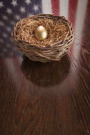 Golden Egg in Nest with American Flag Reflection on Wooden Table.の写真素材