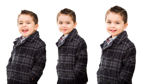 Cute Mixed Race Boy in Warm Coat Portrait Variety Isolated on White.