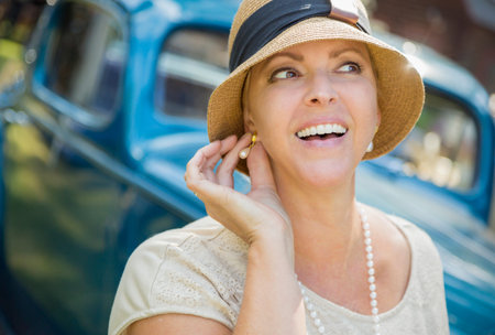 Beautiful 1920s Dressed Girl Near Vintage Car Outdoors Portrait.