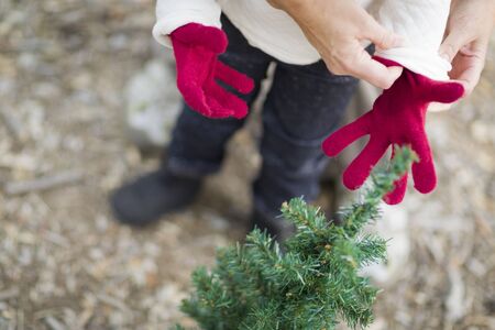 Caring Mother Putting Red Mittens On Child Near Small Christmas Tree Abstract.の写真素材