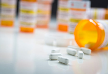 Variety of Medicine Bottles Behind Pills Spilling From Fallen Bottle.