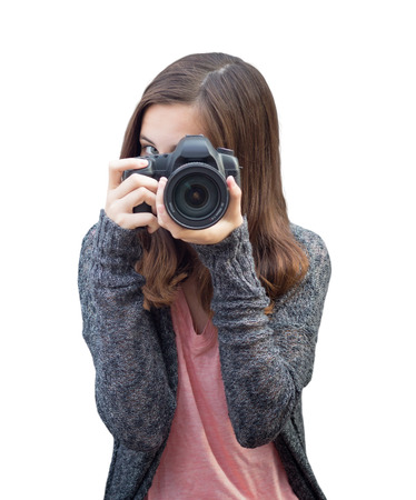 Attractive Mixed Race Young woman With DSLR Camera Isolated on a White Background.の写真素材