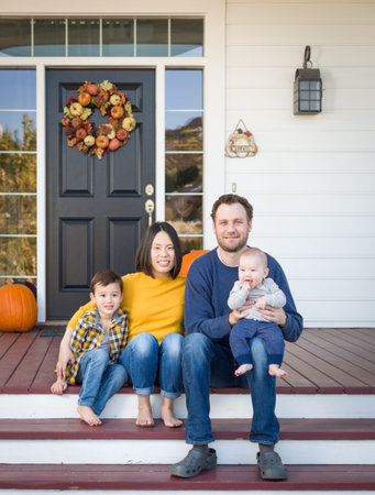 Young Mixed Race Chinese and Caucasian Family Portrait On Their Front Porch.の写真素材