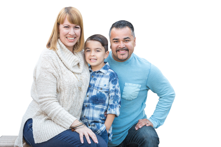 Happy Mixed Race Hispanic and Caucasian Family Isolated on a White Background.の写真素材
