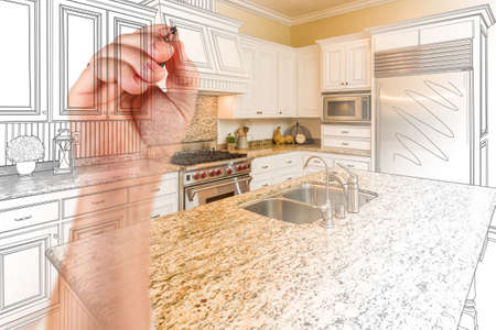 Hand Drawing Custom Kitchen Design With Gradation Revealing Photograph.の写真素材