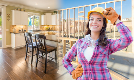 Female Construction Worker In Front of House Framing Gradating to Finished Kitchen Photo.の写真素材