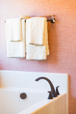 New Modern Bathtub, Faucet and Towels Hanging Abstract.の写真素材