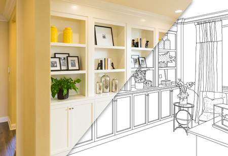 Custom Built-in Shelves and Cabinets Design Drawing with Cross Section of Finished Photo.の写真素材
