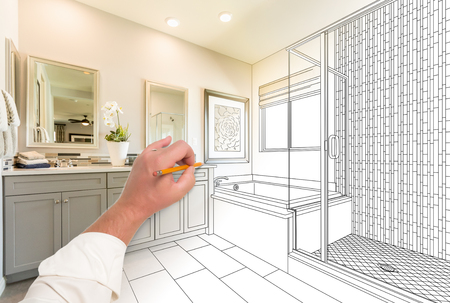 Hand Drawing Custom Master Bathroom with Cross Section of Finished Photograph.の写真素材