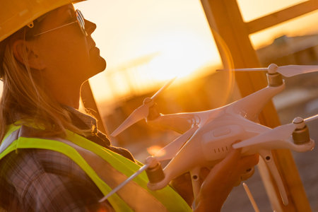 Female Unmanned Aircraft System (UAS) Quadcopter Drone Pilot Holding Drone at Construction Site.