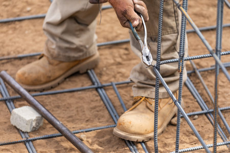 Worker Securing Steel Rebar Framing With Wire Plier Cutter Tool At Construction Site.