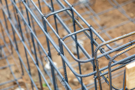 New Steel Rebar Framing Abstract At Construction Site
