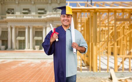 Split Screen Male Hispanic Graduate In Cap and Gown to Engineer in Hard Hat Concept.の写真素材