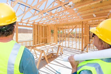 Male and Female Contractors Overlooking New House Framing At Constrcution Site.