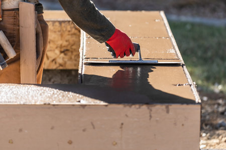 Construction Worker Using Trowel On Wet Cement Forming Coping Around New Pool.
