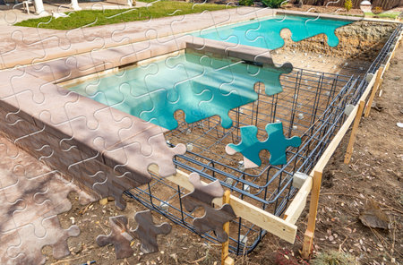 Puzzle Pieces Fitting Together Revealing Finished Pool Build Over Construction.