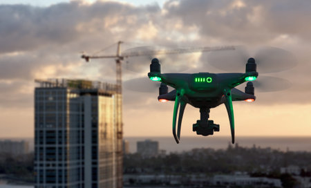 Unmanned Aircraft System Quadcopter Drone In The Air Near City and Corporate Building.