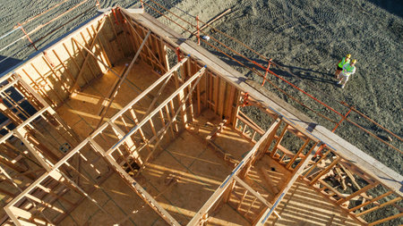 Drone Aerial View of Home Construction Site With Pilot Below.