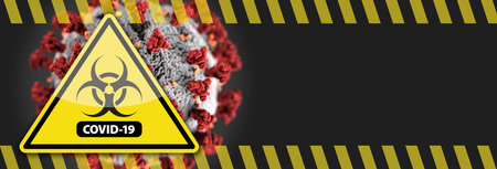 Banner of Coronavirus COVID-19 Bio-hazard Warning Sign with Virus Illustration Behind.の写真素材