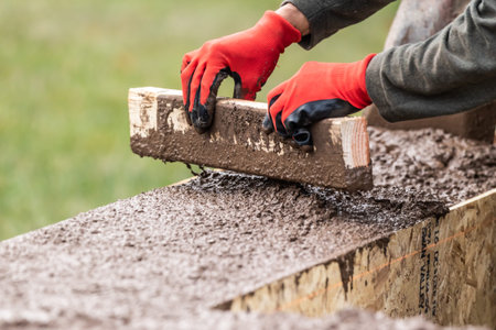 Construction Worker Leveling Wet Cement Into Wood Framing.