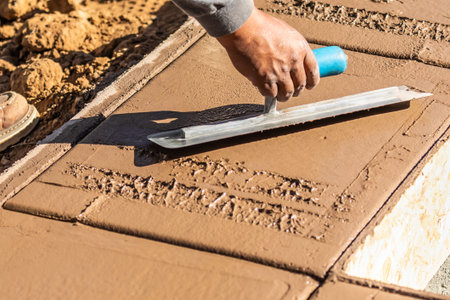 Construction Worker Using Trowel On Wet Cement Forming Coping Around New Pool.