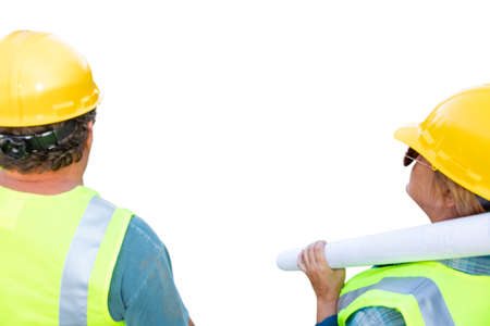 Female and Male Contractors Facing White Background Ready For Your Own Image.の写真素材