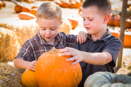 Two Boys Having Fun at the Pumpkin Patch on a Fall Day.の写真素材