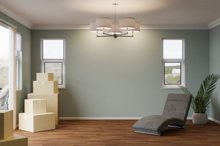Several Cardboard Moving Boxes, Chair and Plant on Floor of Empty Room of House with Blank Wall.