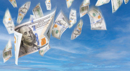 Set of Falling or Floating $100 Bills United States Currency - Money Falling Out of the Sky.