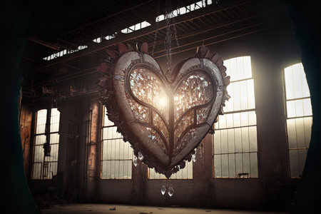 Broken Iron and Glass Heart Shaped Product Hanging In Factory Waiting for Repair - Generative AI.の素材
