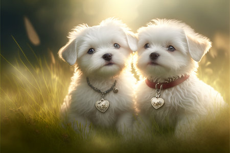 Two Beautiful Maltese Puppies with Heart Shaped Collar Tags Sitting in Field of Grass - Generative AI.の素材