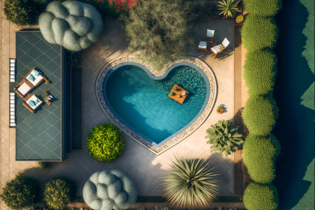 Overhead Aerial of Heart Shaped Swimming Pool In A Back Yard - Generative AI.の素材