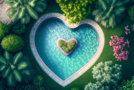 Overhead Aerial of Heart Shaped Swimming Pool In A Back Yard - Generative AI.の素材