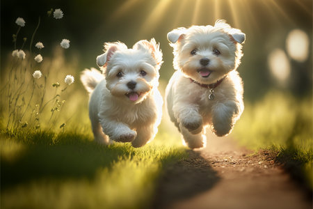 Two Beautiful Maltese Puppies Running in Field of Grass - Generative AI.の素材