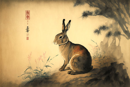 Chinse Watercolor Painting Commemorating the Year of the Rabbit - Generative AI.の素材