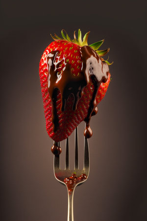 Dripping Chocolate Covered Strawberry On The End of a Fork - Generative AI.の素材