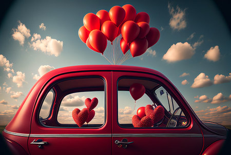 A Bunch of Valentines Day Heart Balloons Attached to a Small Red Delivery Car - Generative AI.の素材