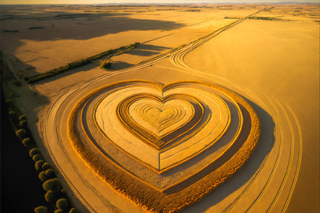 Aerial View of Heart Shaped Crop Circles - Generative AI.の素材
