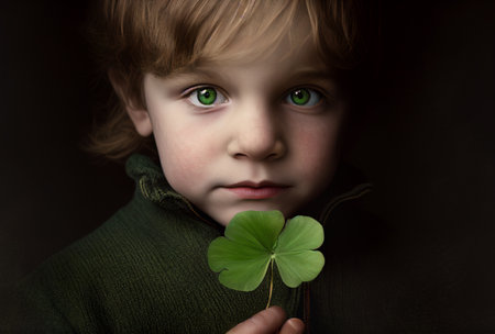 Portrait of a Young Boy with Green Eyes Holding a Four Leaf Clover - Generative AI.の素材