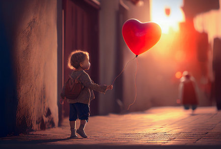 Silhouette of a Young Boy Walking with a Heart Balloon on a String - Generative AI.の素材