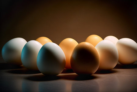 Several Chicken Eggs Spot Lit From Above - Generative AI.の素材