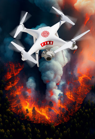 Fire Department Unmanned Aircraft System, (UAS) Drone Above a Forest Fire - Generative AI.の素材